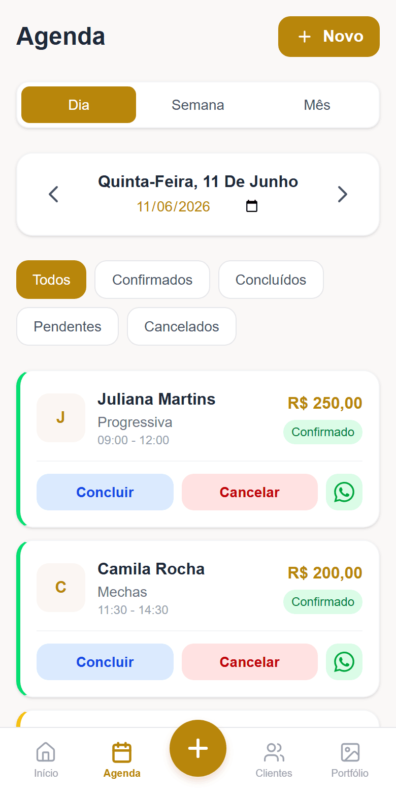 Agenda do dia no Salão Express: horários, serviços e valores de cada atendimento