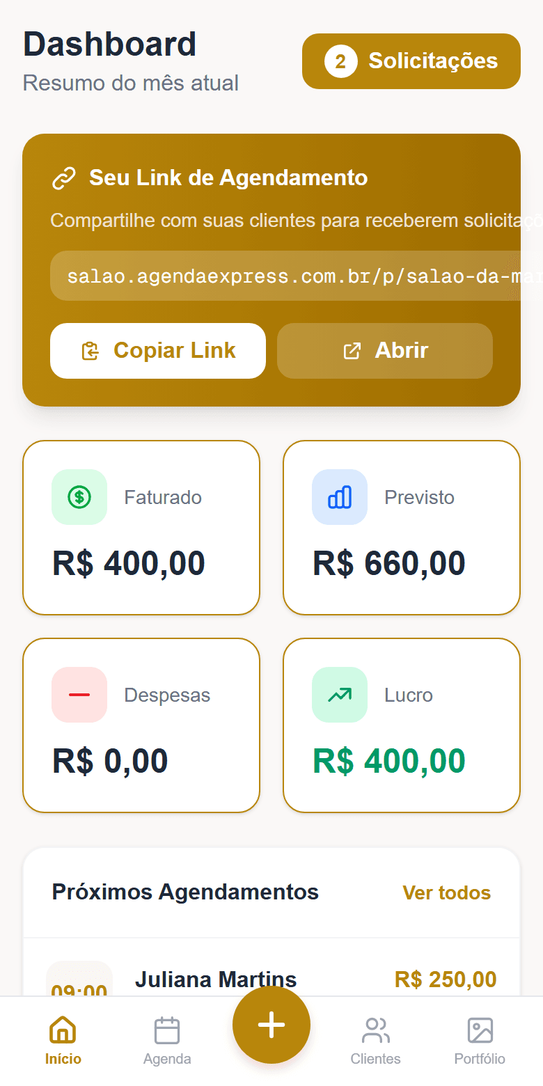 Painel do Salão Express: faturado e previsto do mês, link de agendamento