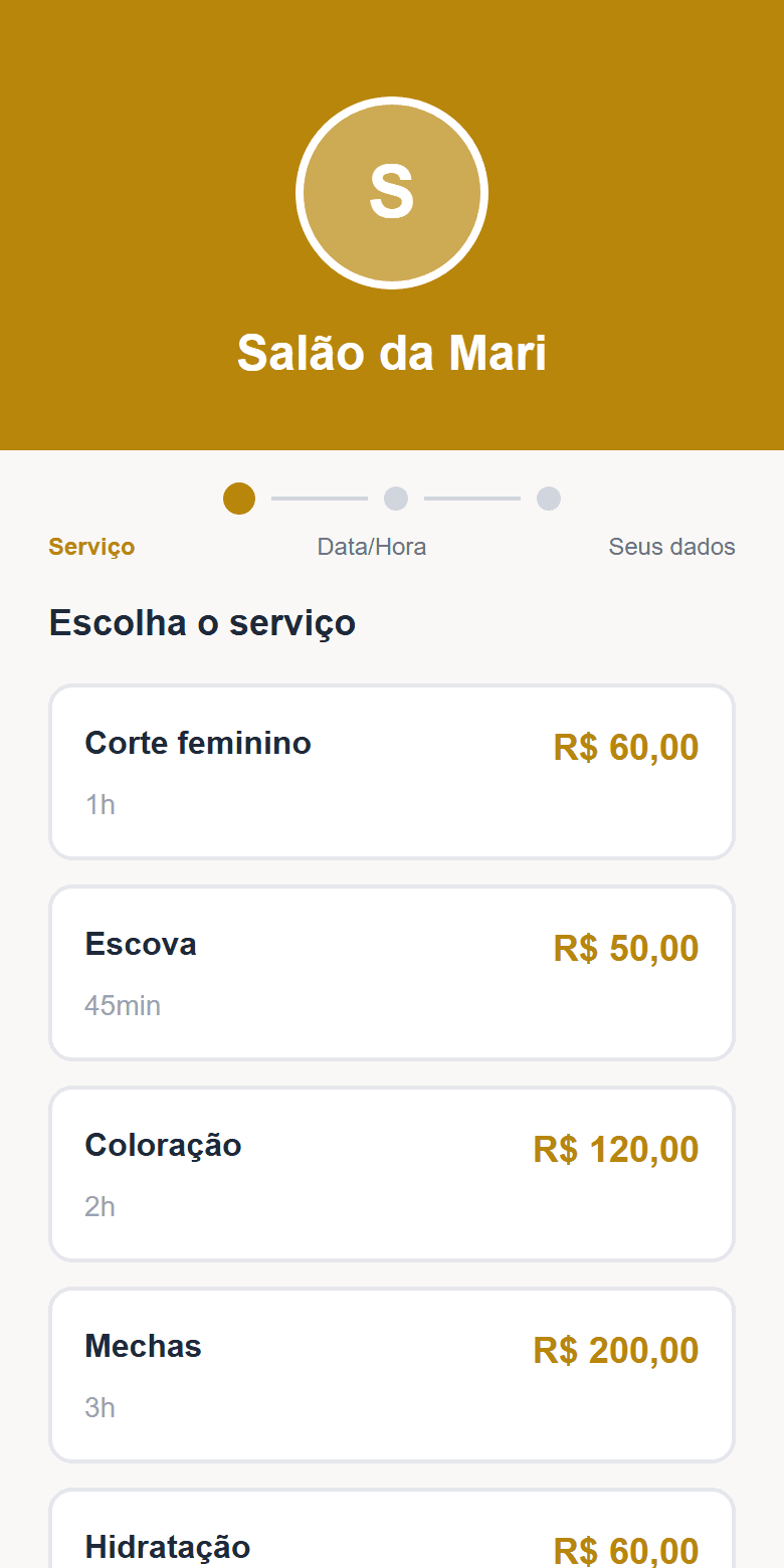 Página de agendamento real do Salão Express: a cliente escolhe serviço, data e horário