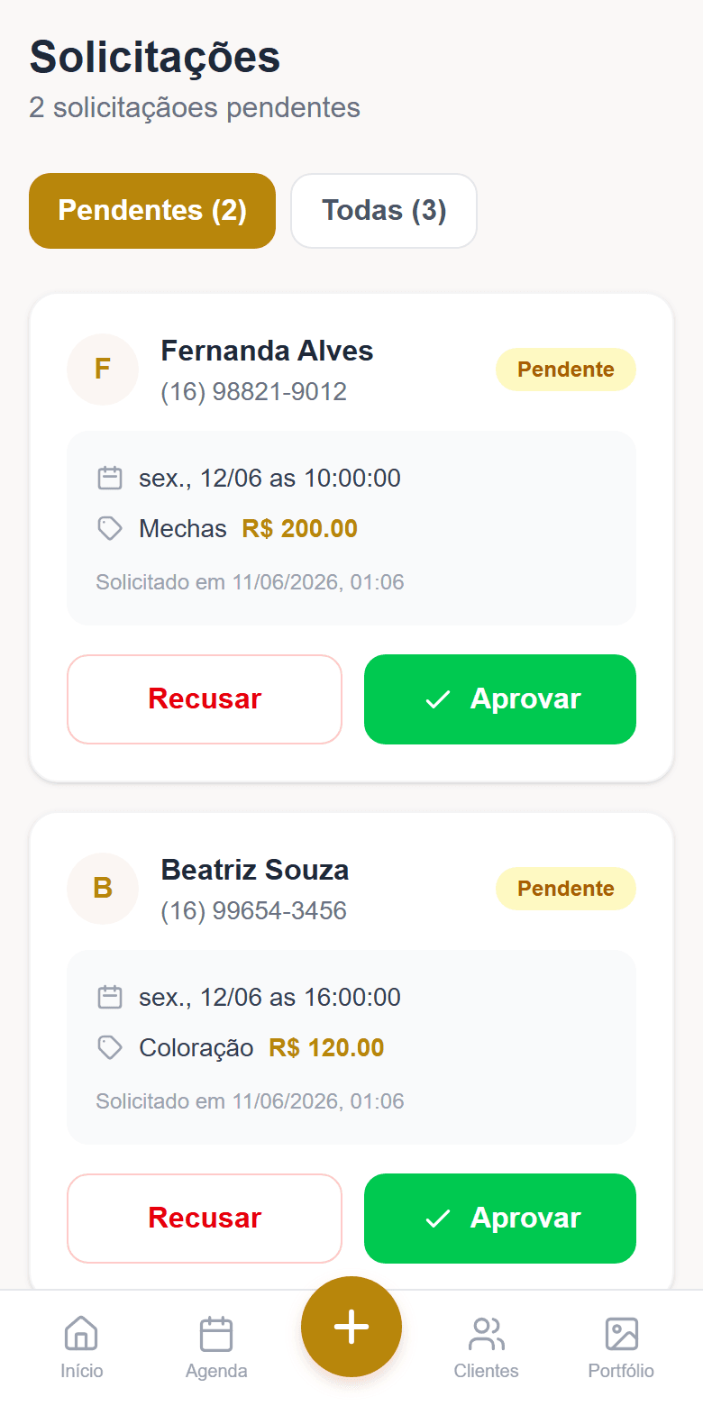 Tela de solicitações do Salão Express: pedido de horário com botão Aprovar